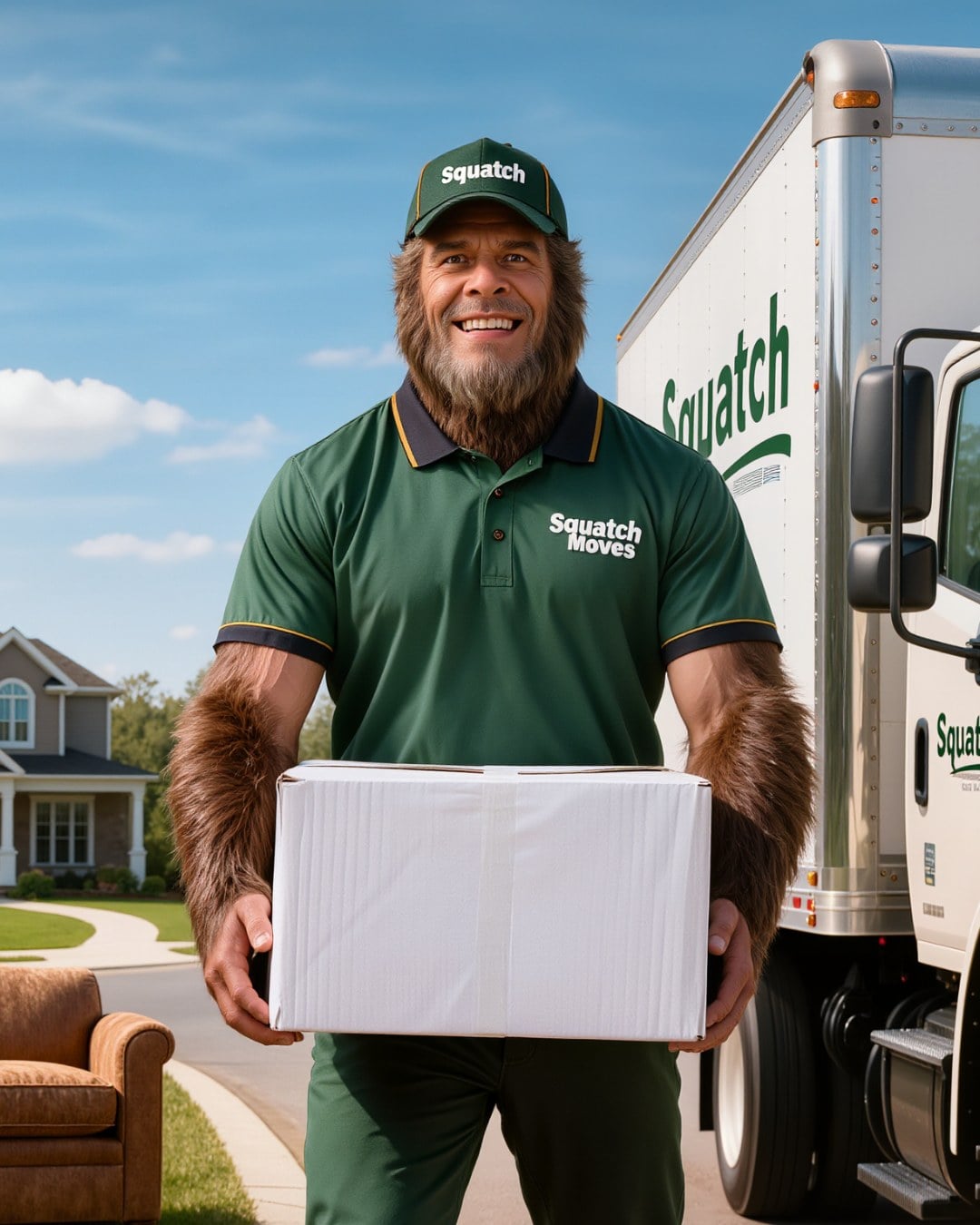 Squatch Moves crew member in branded gear holding a box in front of a Squatch Moves truck outside a home