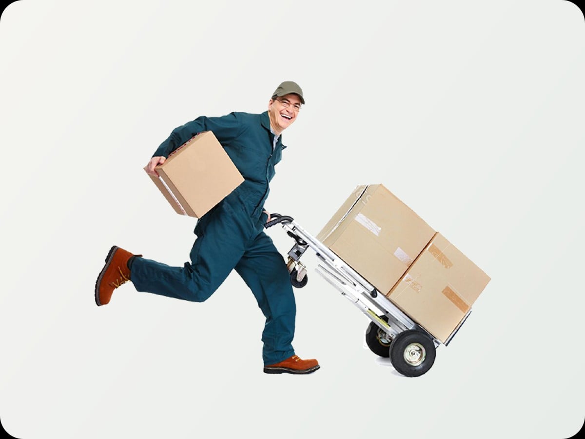 Mover quickly delivering boxes with a hand truck