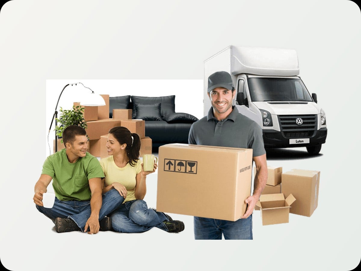 Family relaxing near moving boxes while a Squatch Moves crew member carries a box in front of the truck